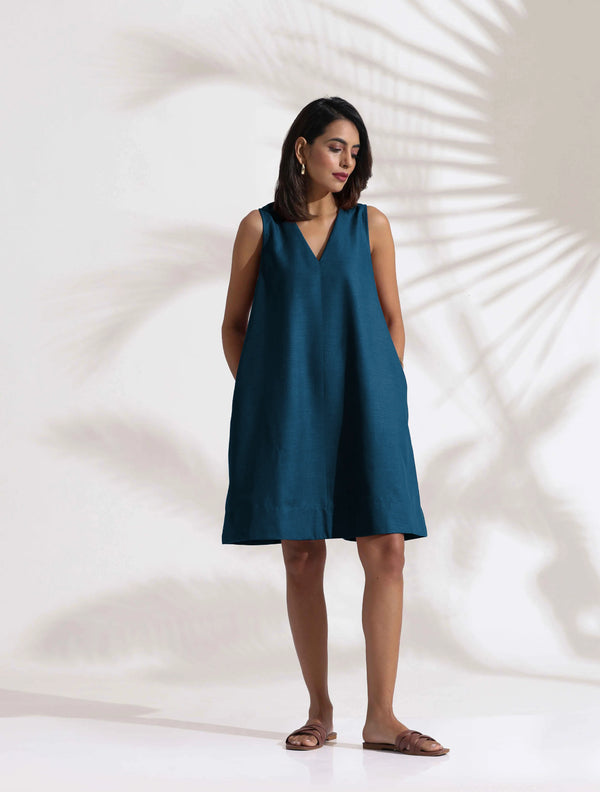 trueBrowns Dark Blue Cotton Blend Short Dress