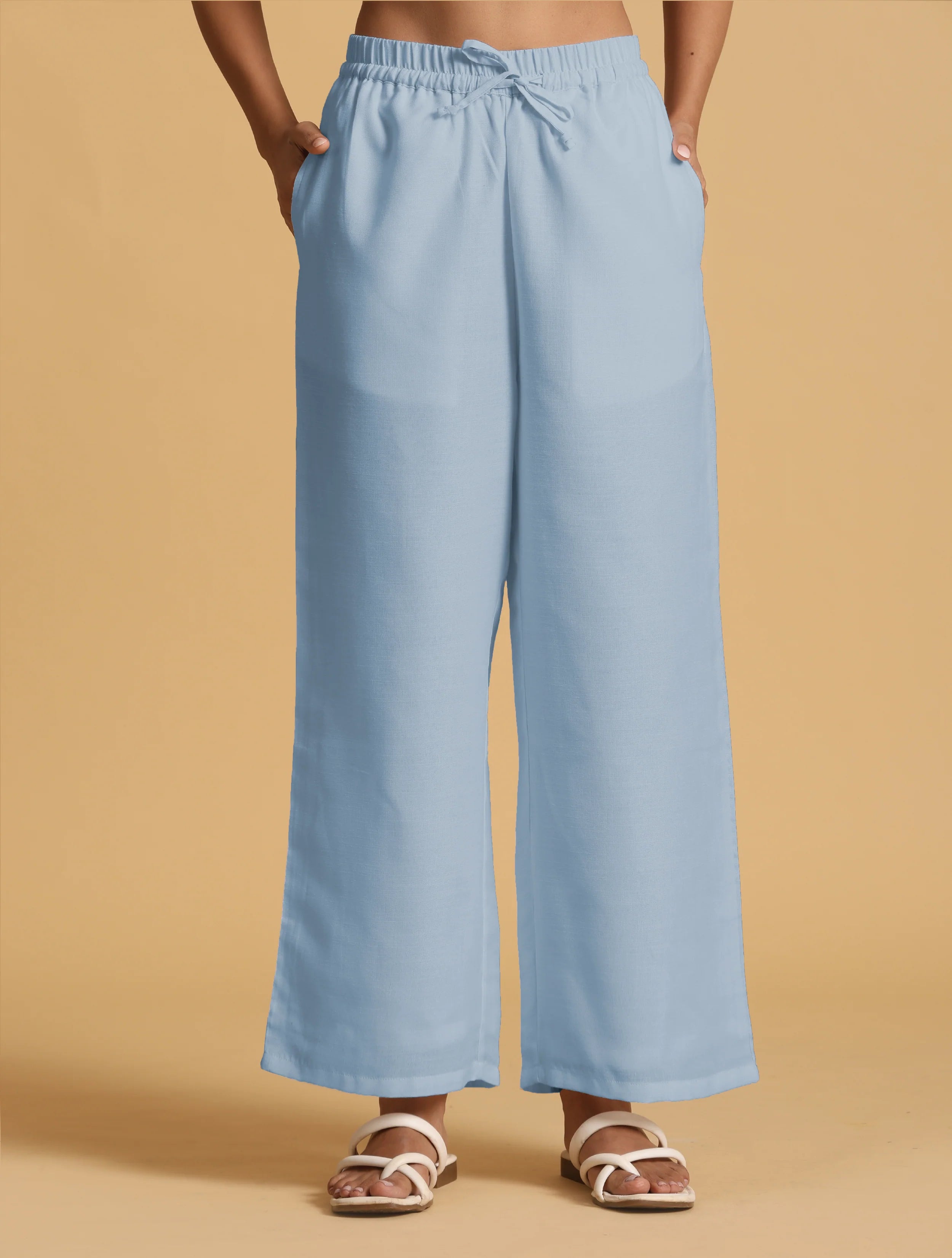 trueBrowns Light Blue Cotton Blend Straight Drawstring Pants