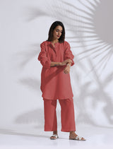 trueBrowns Pink Cotton Blend Pleated Kurta Co-ord Set