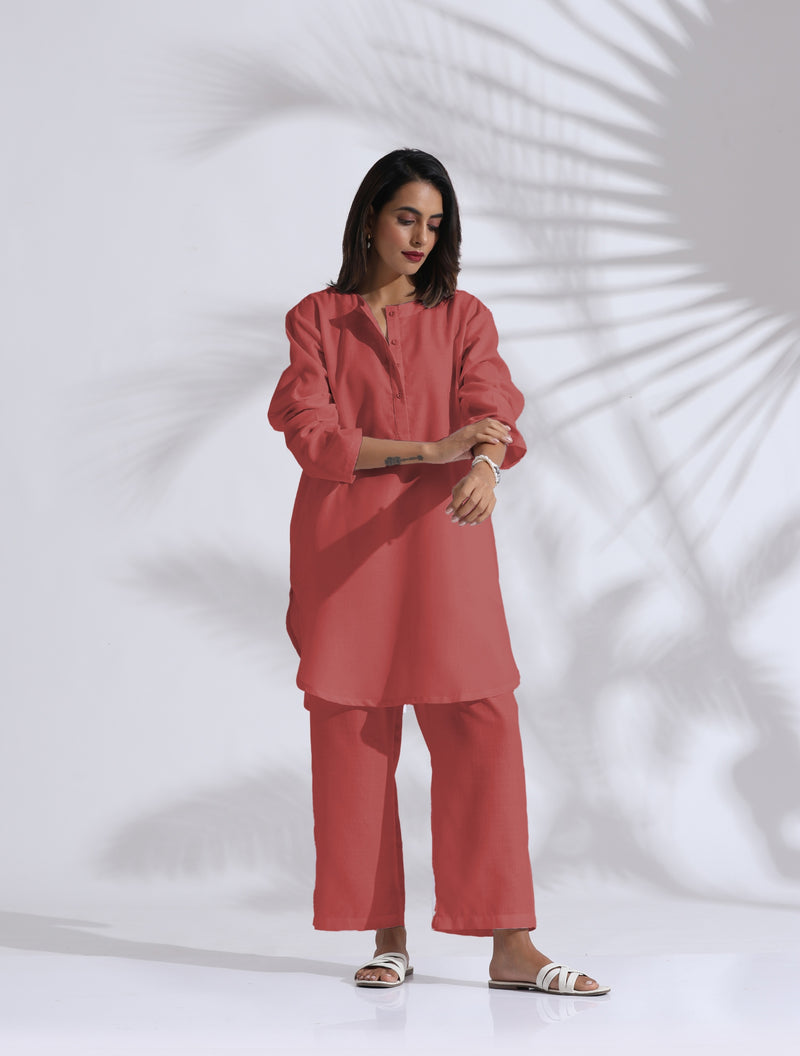 trueBrowns Pink Cotton Blend Pleated Kurta Co-ord Set