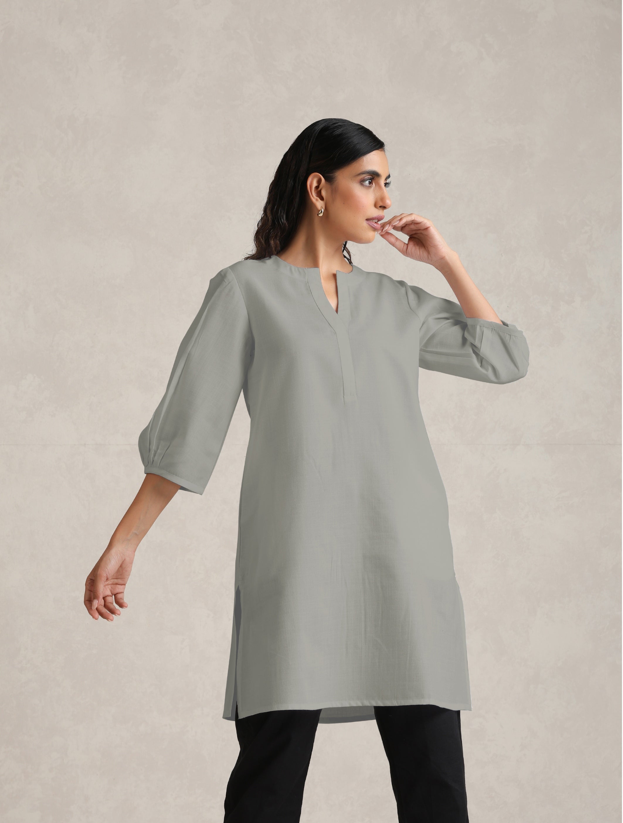 trueBrowns Grey Cotton Blend Short Kurta