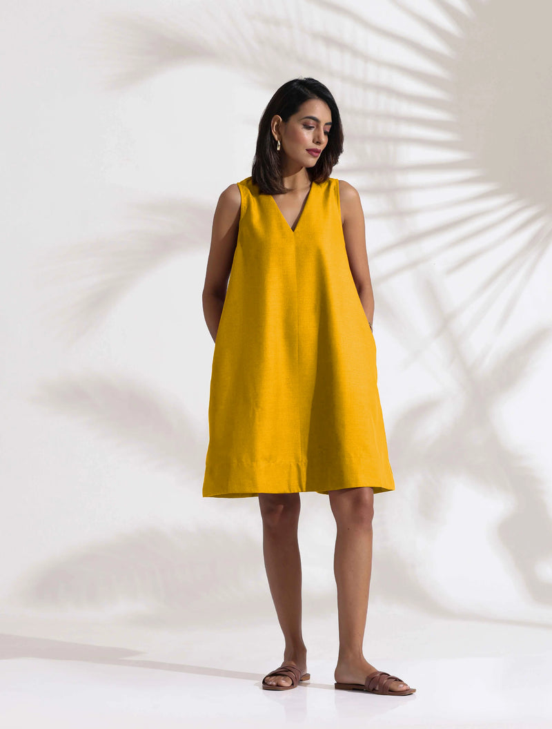 trueBrowns Mustard Cotton Blend Short Dress