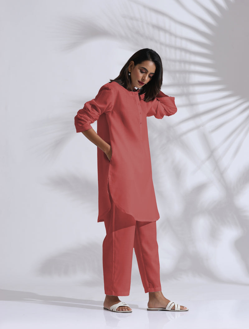 trueBrowns Pink Cotton Blend Pleated Kurta Co-ord Set