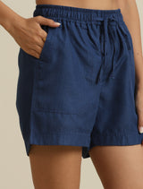 trueBrowns Dark Blue Cotton Blend Shorts With Drawstring