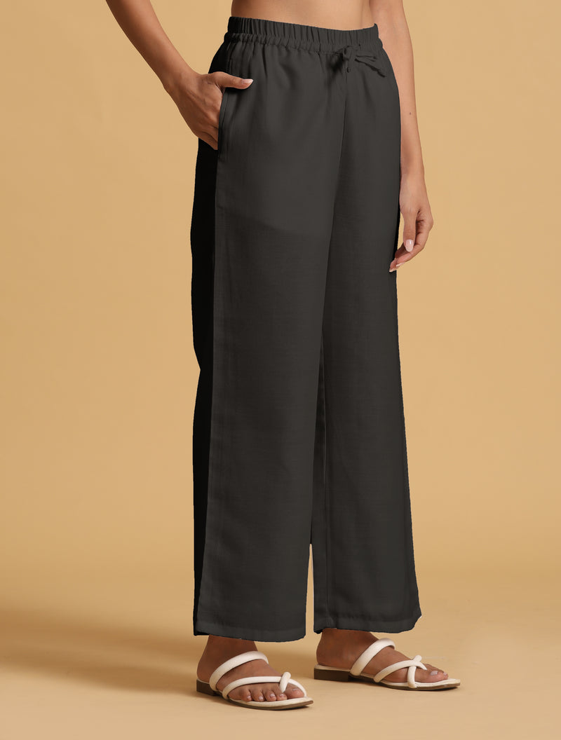 trueBrowns Black Cotton Blend Elasticated Drawstring Straight Pants