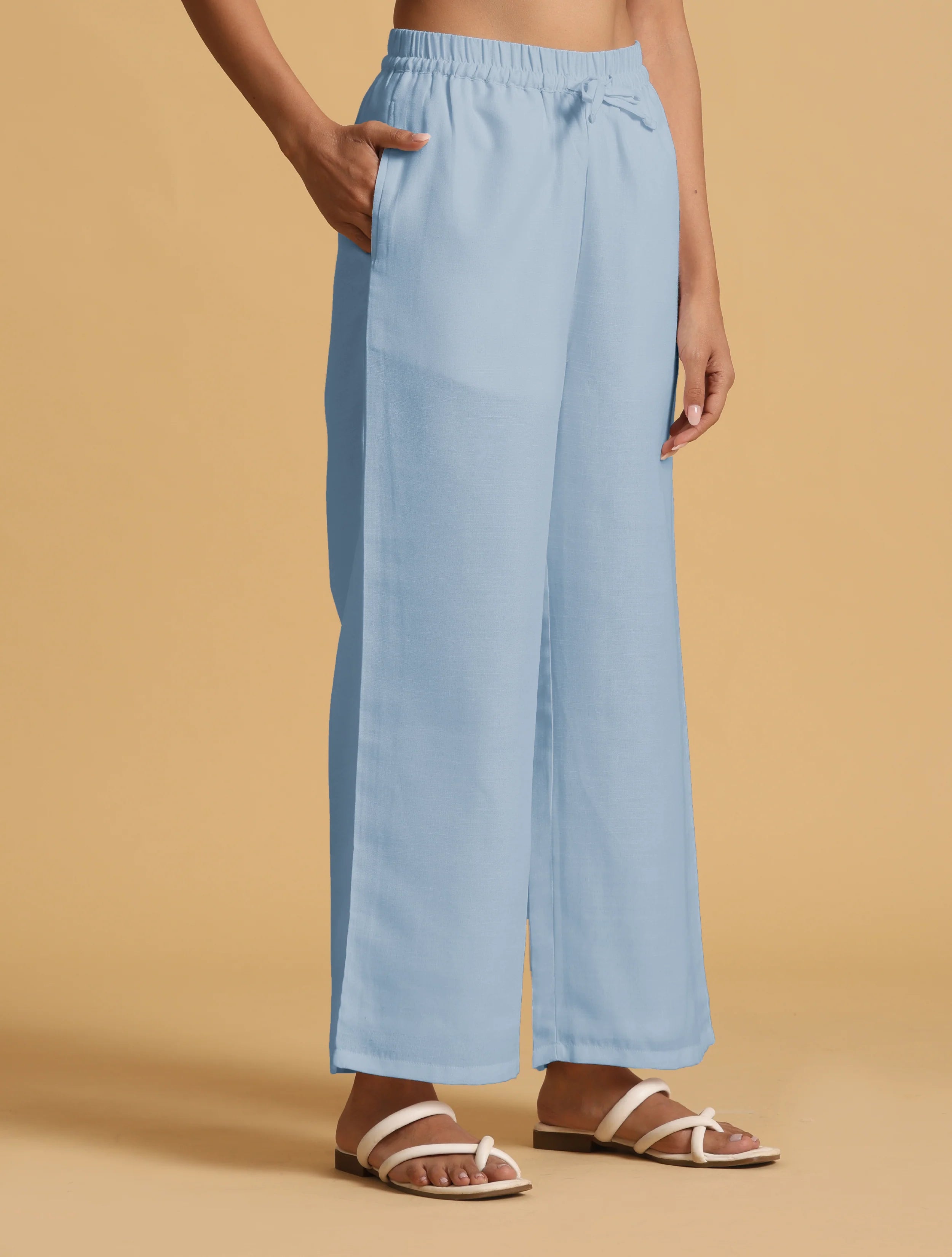 trueBrowns Light Blue Cotton Blend Straight Drawstring Pants