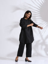 trueBrowns Black Slub Kurta Co-ord Set