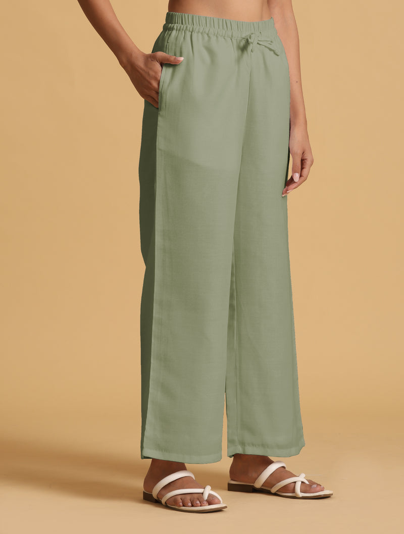 trueBrowns Mint Green Cotton Blend Elasticated Drawstring Straight Pants