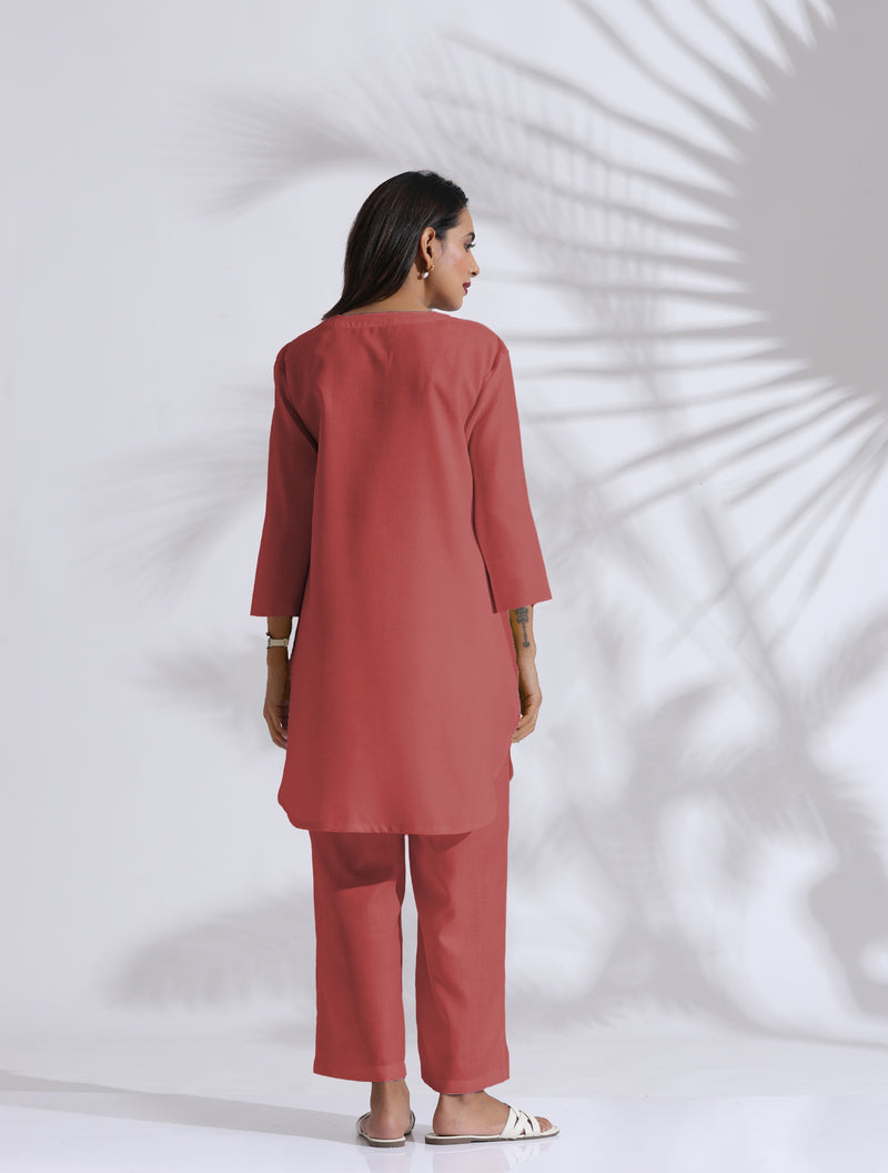 trueBrowns Pink Cotton Blend Pleated Kurta Co-ord Set