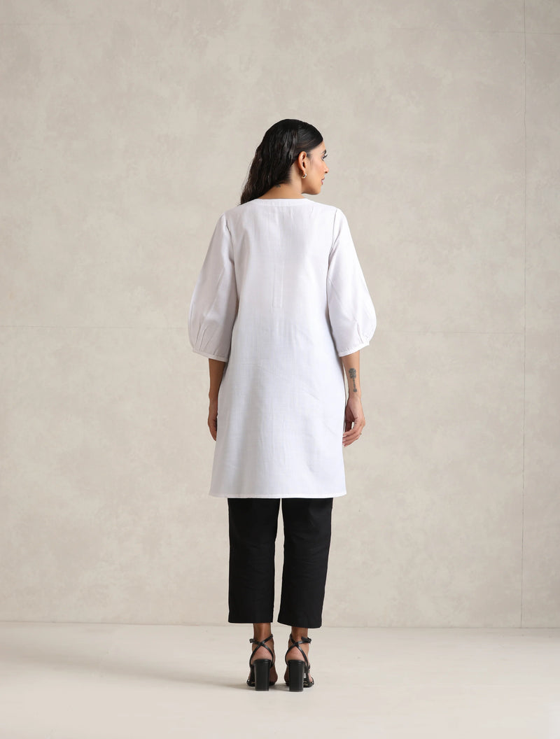 trueBrowns White Cotton Blend Short Kurta