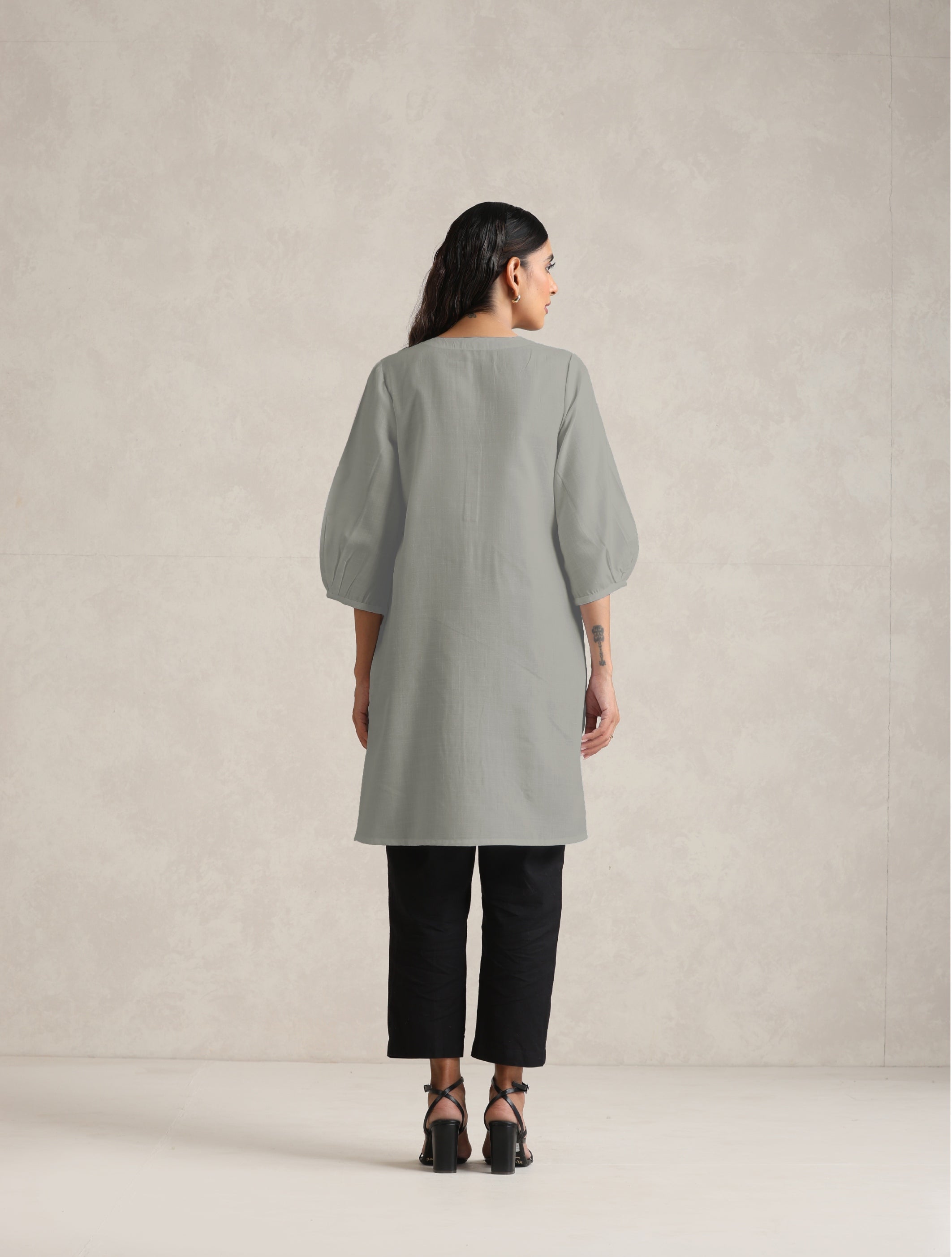 trueBrowns Grey Cotton Blend Short Kurta