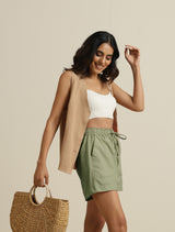 trueBrowns Mint Green Cotton Blend Shorts With Drawstring