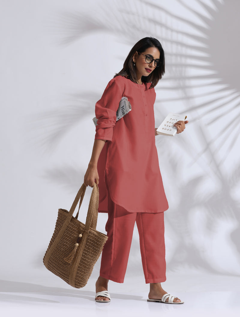 trueBrowns Pink Cotton Blend Pleated Kurta Co-ord Set