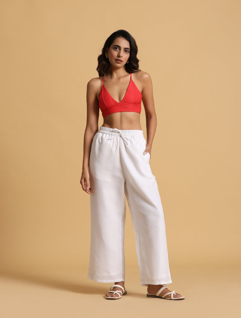 trueBrowns White Cotton Blend Elasticated Drawstring Straight Pants
