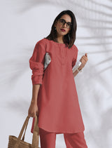 trueBrowns Pink Cotton Blend Pleated Kurta Co-ord Set