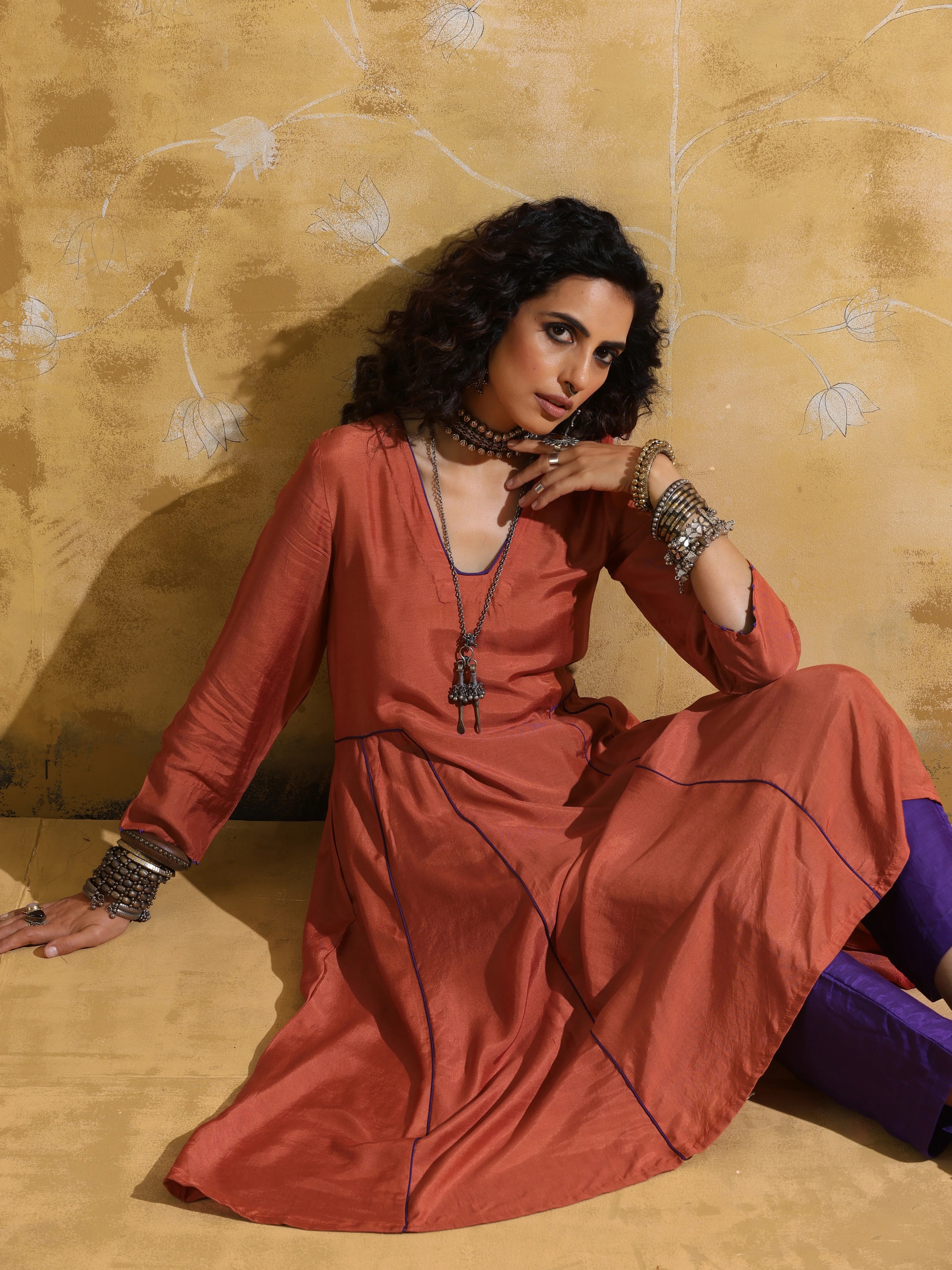 trueBrowns Rust Muslin Silk Fit and Flare Kurta Pant Set