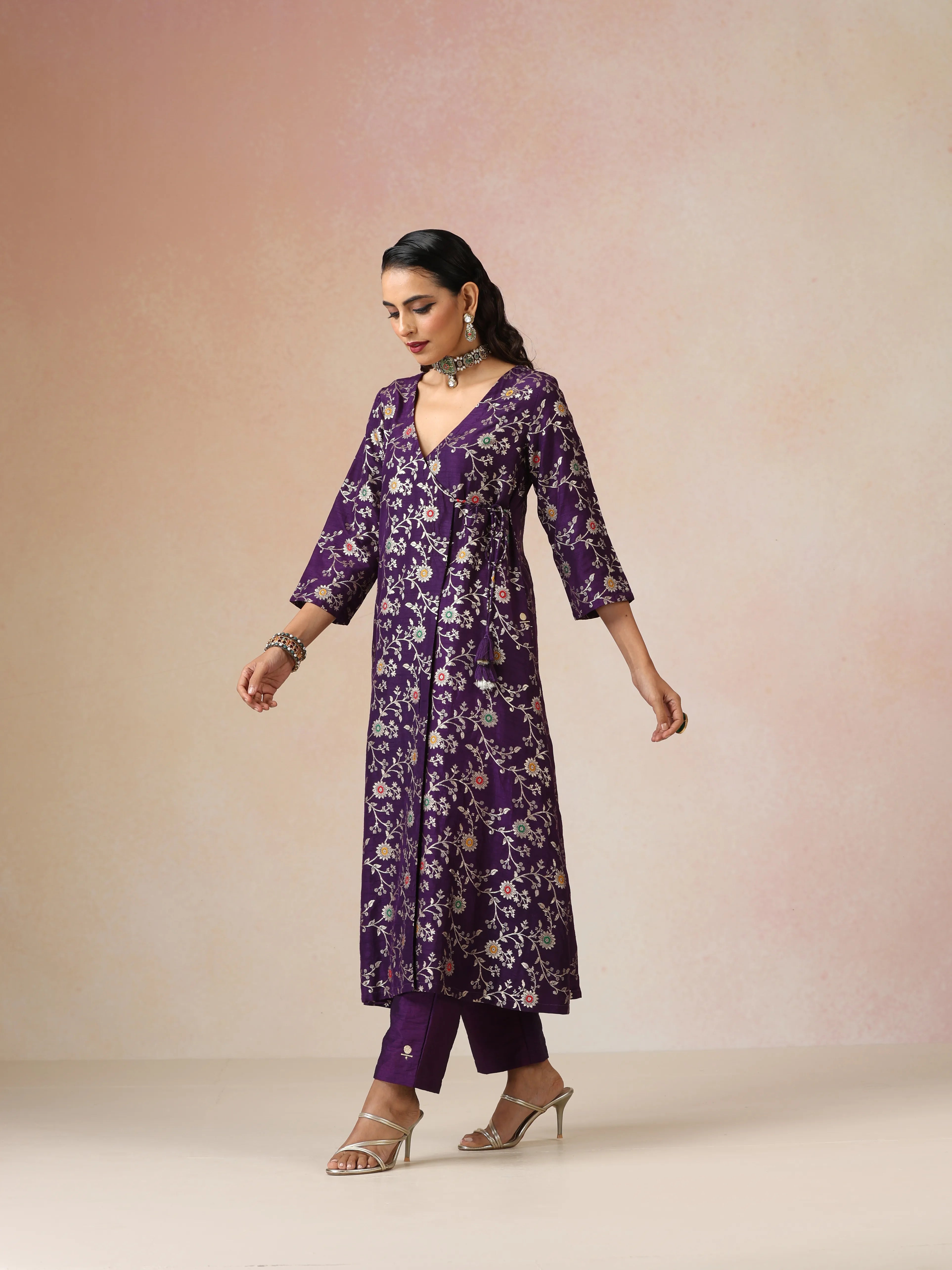  trueBrowns Purple Brocade Angrakha Kurta Set
