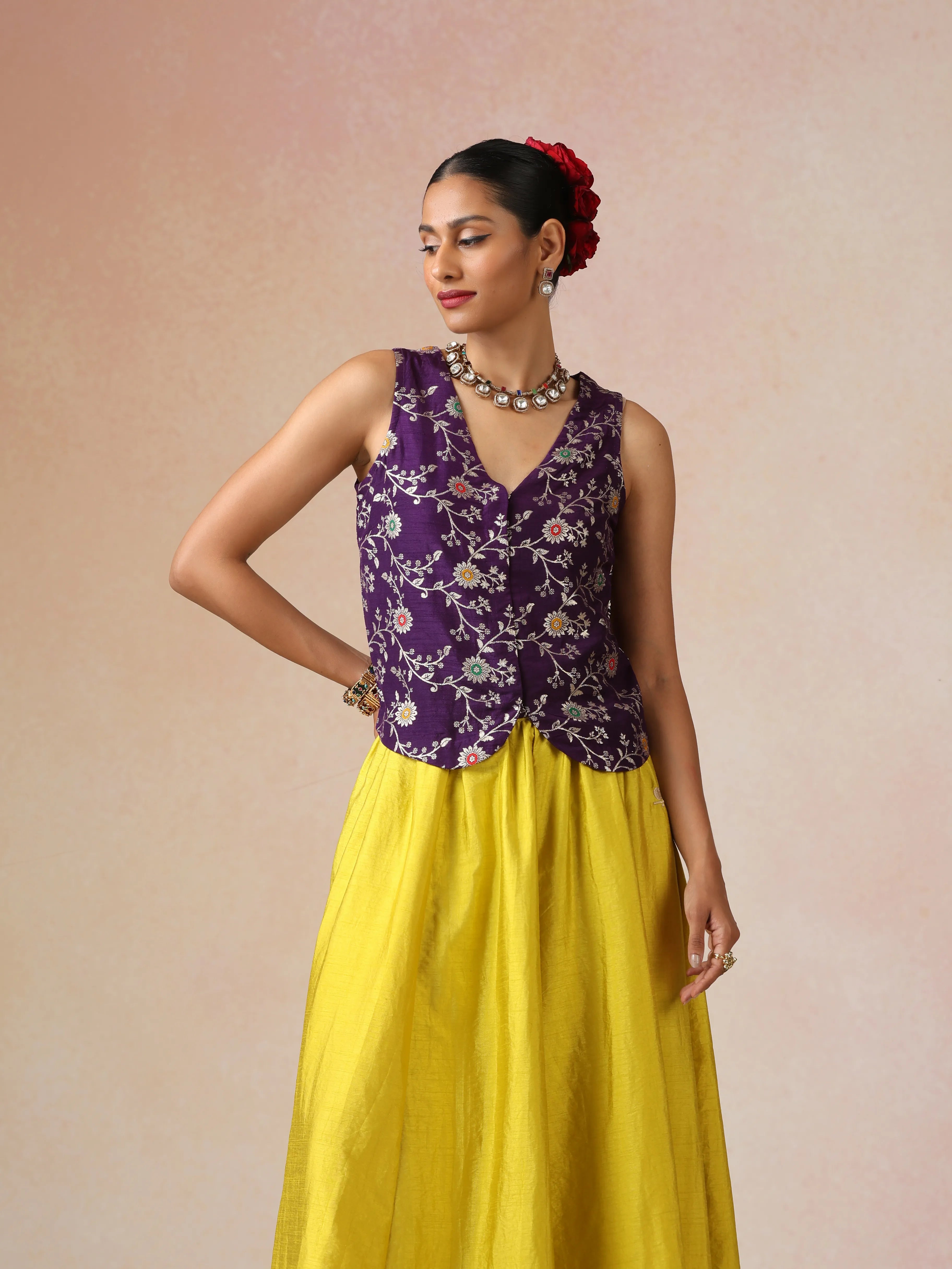 trueBrowns Purple Brocade Jacket Skirt Co-ord Set