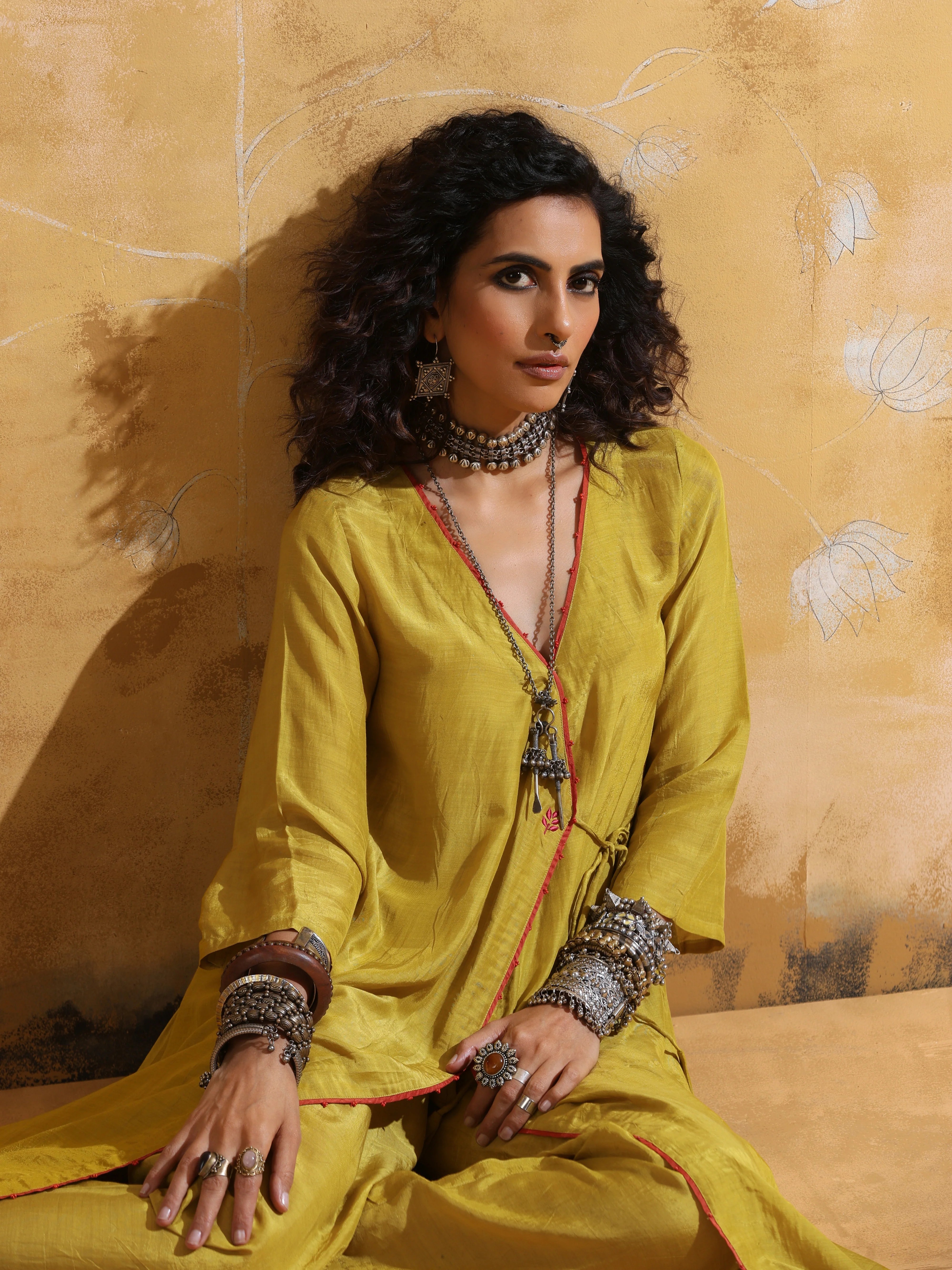 trueBrowns Lime Muslin Silk Angrakha Kurta Pant Set