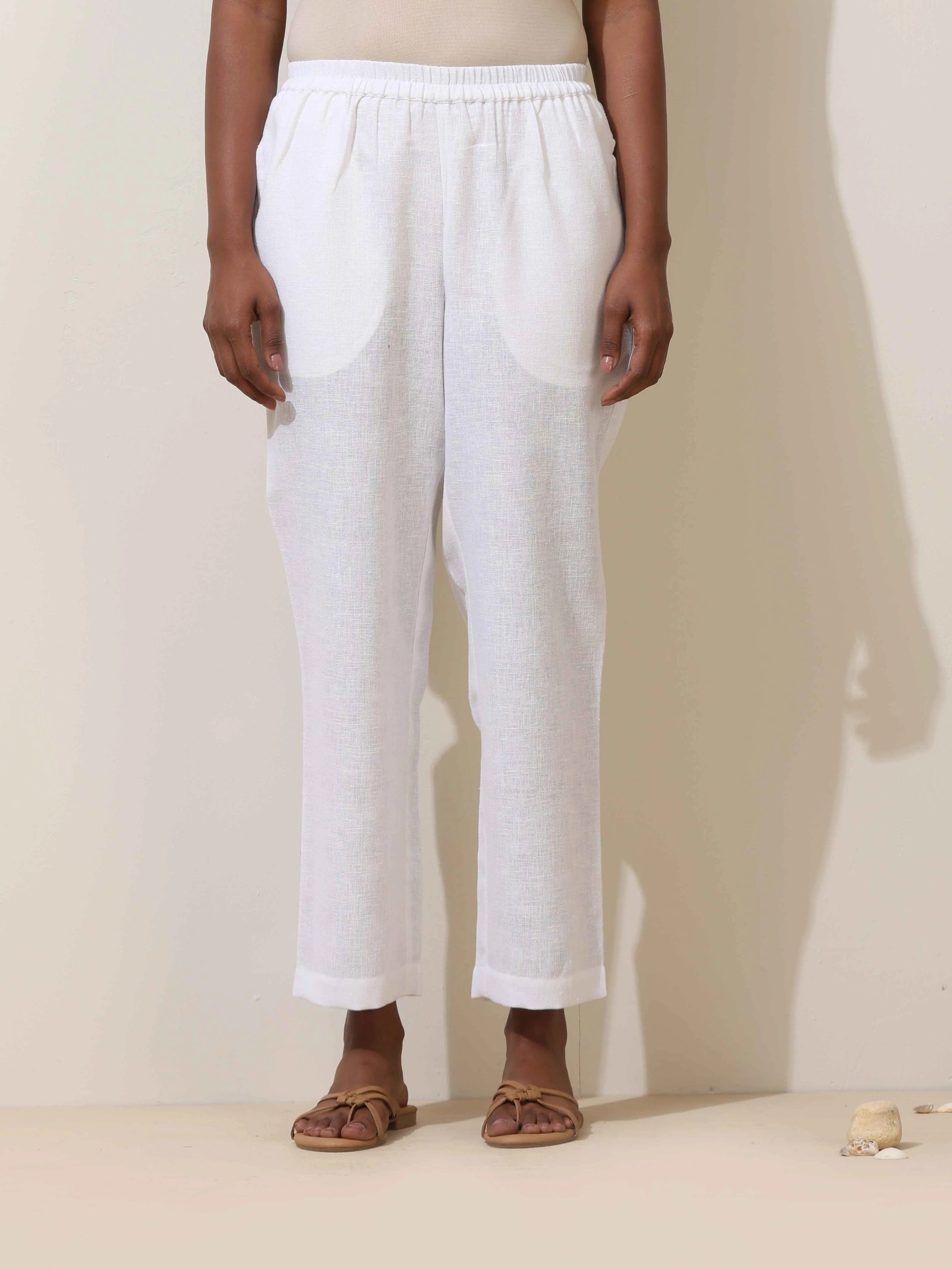 trueBrowns Luna White Crochet Natural Cotton Kurta Pant Set