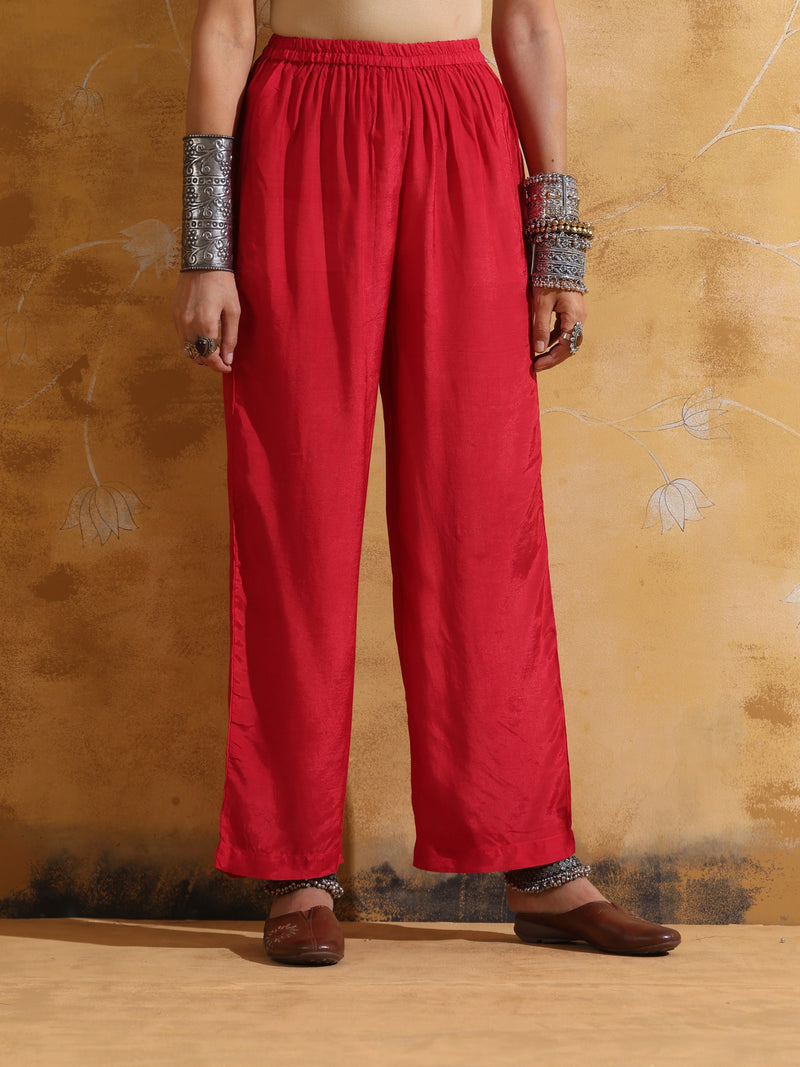 trueBrowns Red Teal Jaal Print Muslin Silk Flared Kurta Set