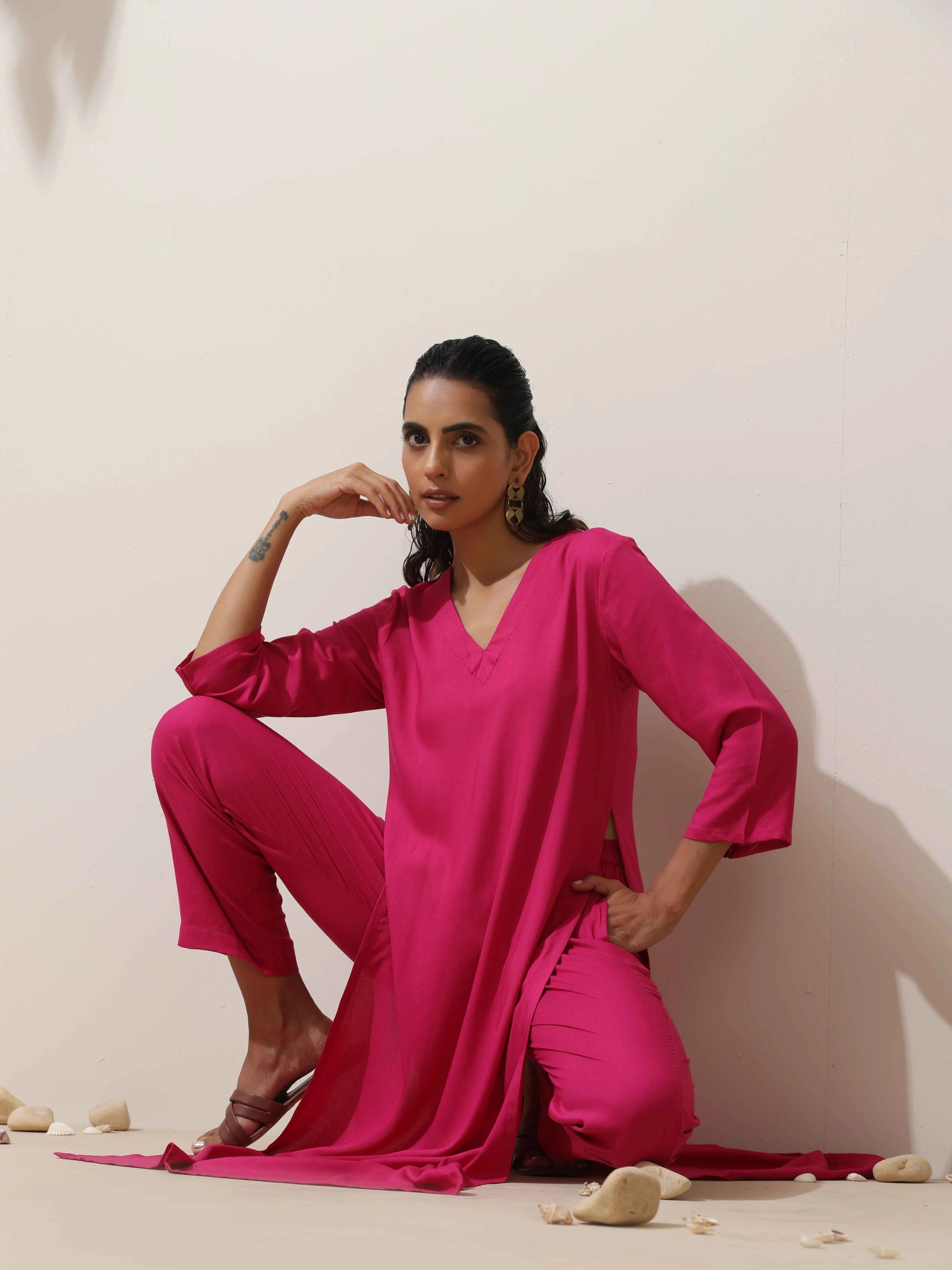 trueBrowns Pink Viscose Kurta Pant Set