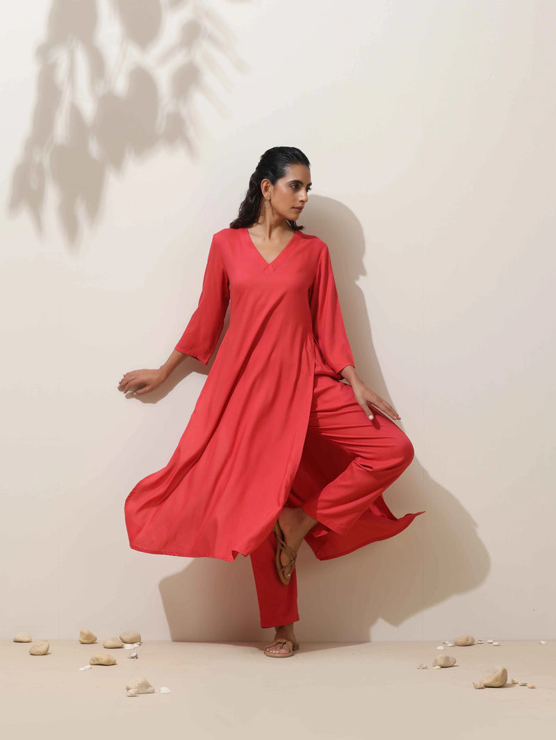 trueBrowns Coral Viscose Solid Kurta Pant Set