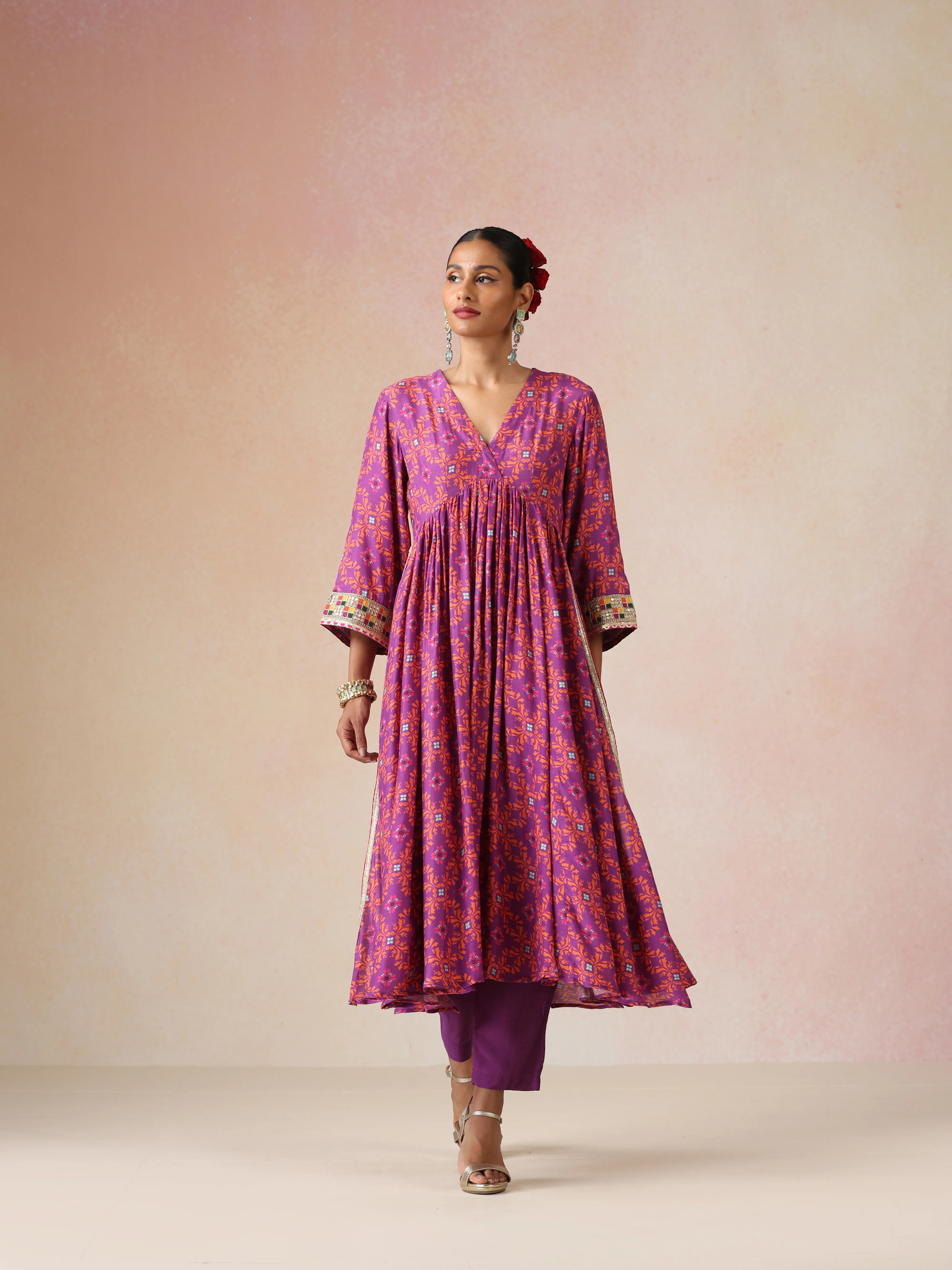 trueBrowns Purple Orange Jaal Print Viscose Anarkali High-Slit Kurta Set