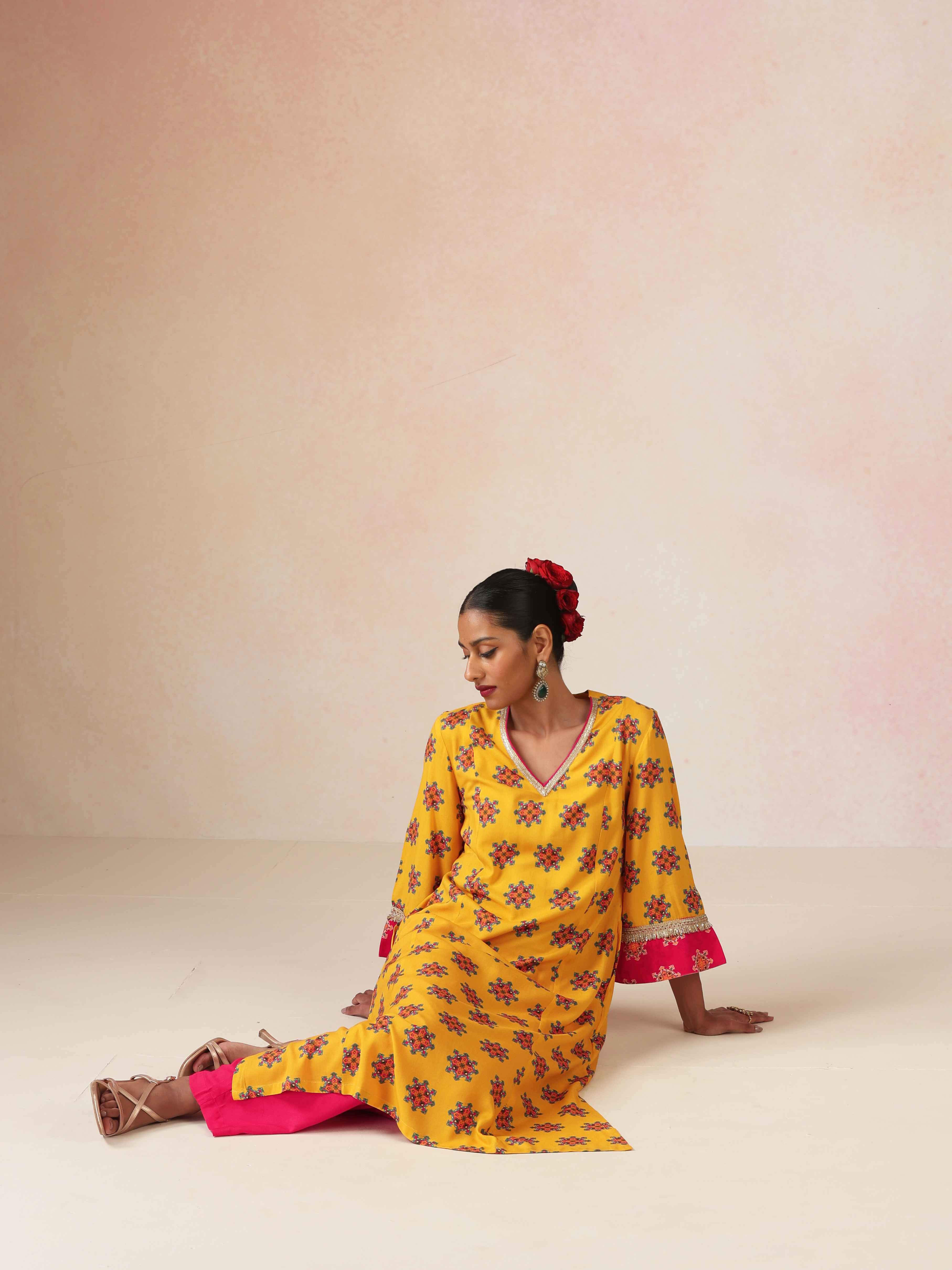 trueBrowns Yellow Boota Print Viscose A-line Kurta Set