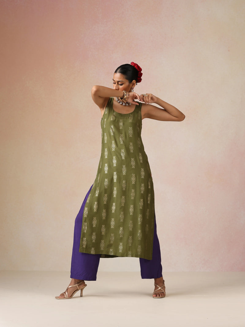 trueBrowns Olive Green Gold Foil Print Muslin Silk Sleeveless Straight Kurta Set