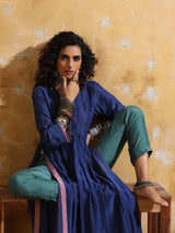 trueBrowns Blue Muslin Silk Anarkali Kurta Pant Set