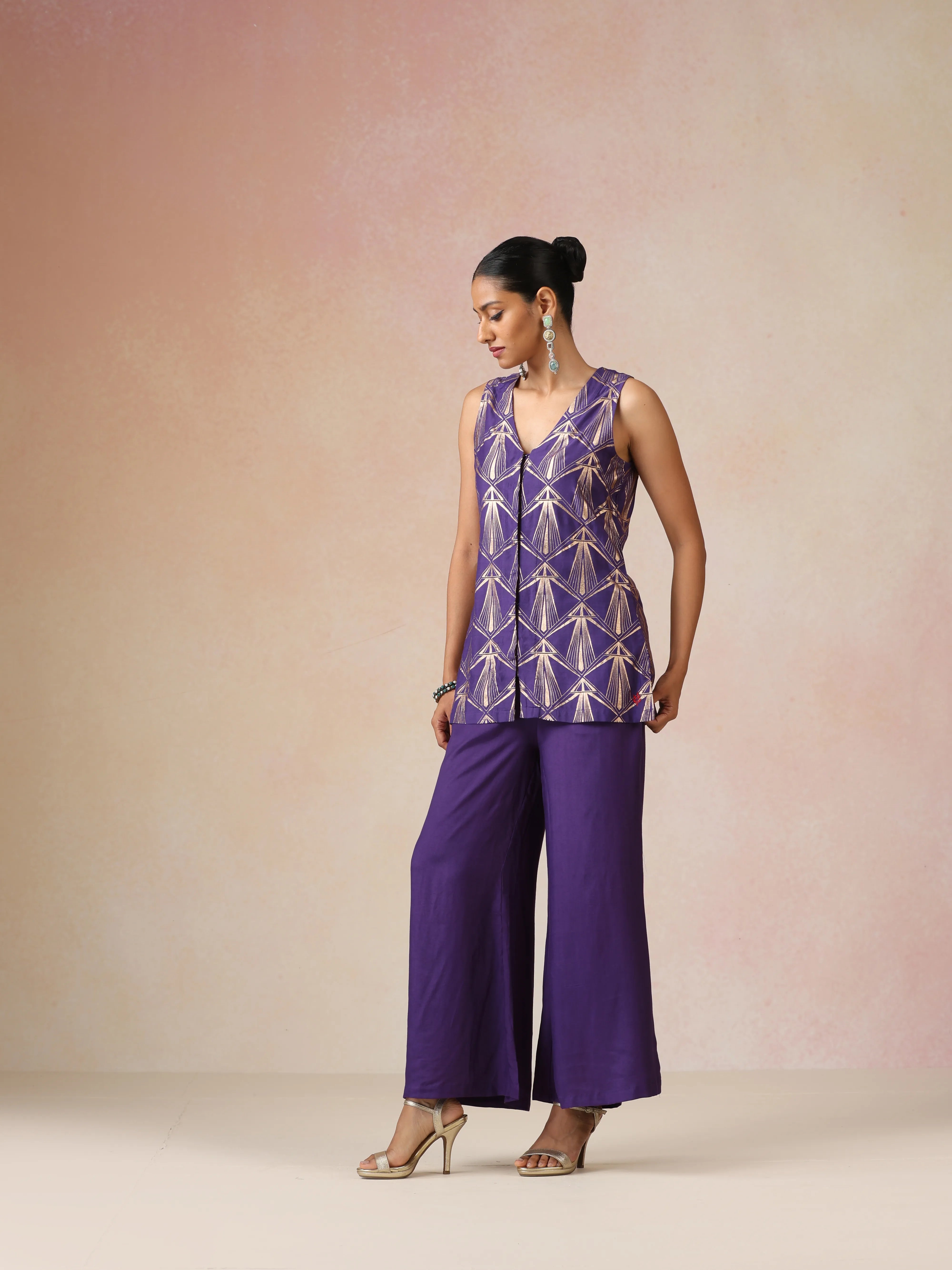trueBrowns Purple Rose-Gold Foil Print Jacket and Flared Pants Co-ord Set