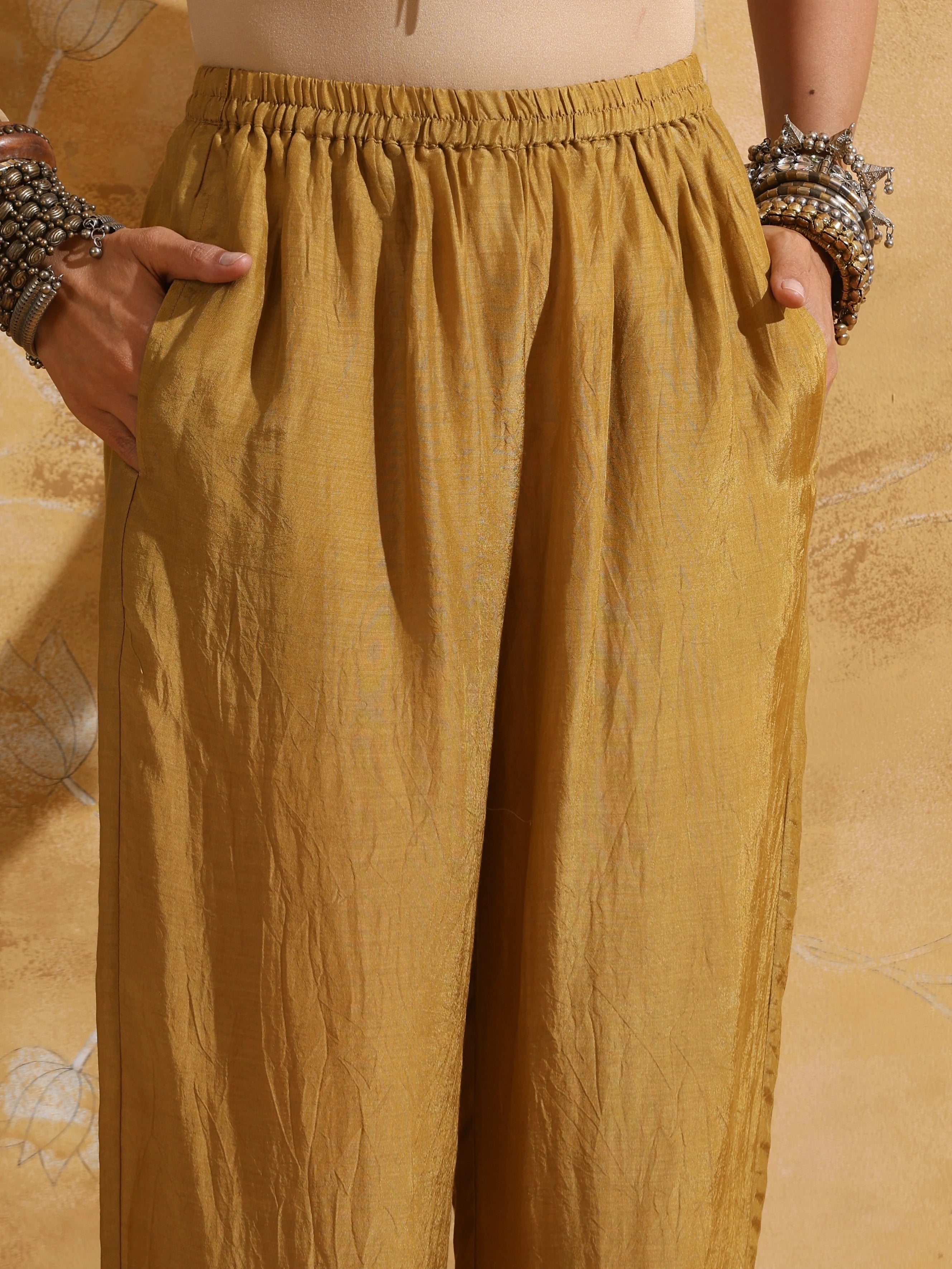 trueBrowns Mustard Jaal Print Muslin Silk High-Slit Fit and Flared Kurta Set