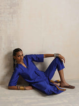 trueBrowns Blue Silk High Slit Kurta Set