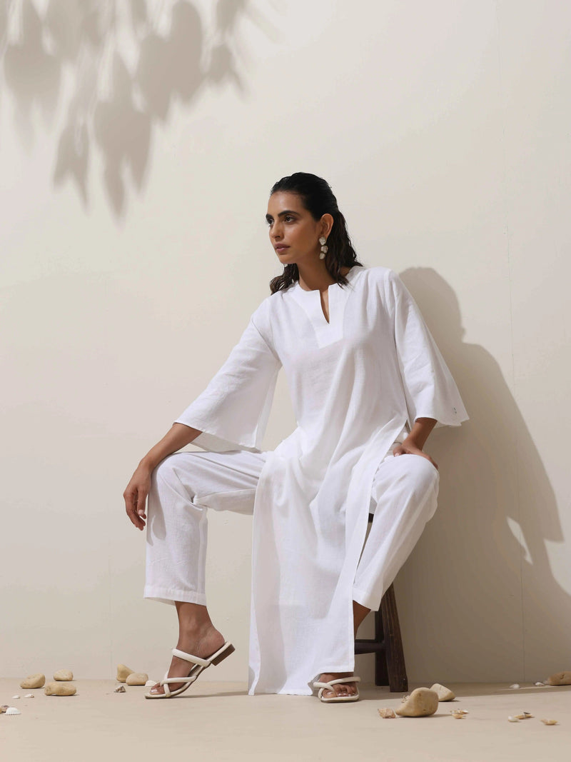 trueBrowns Off White Cotton Linen Angrakha Kurta Pant Set