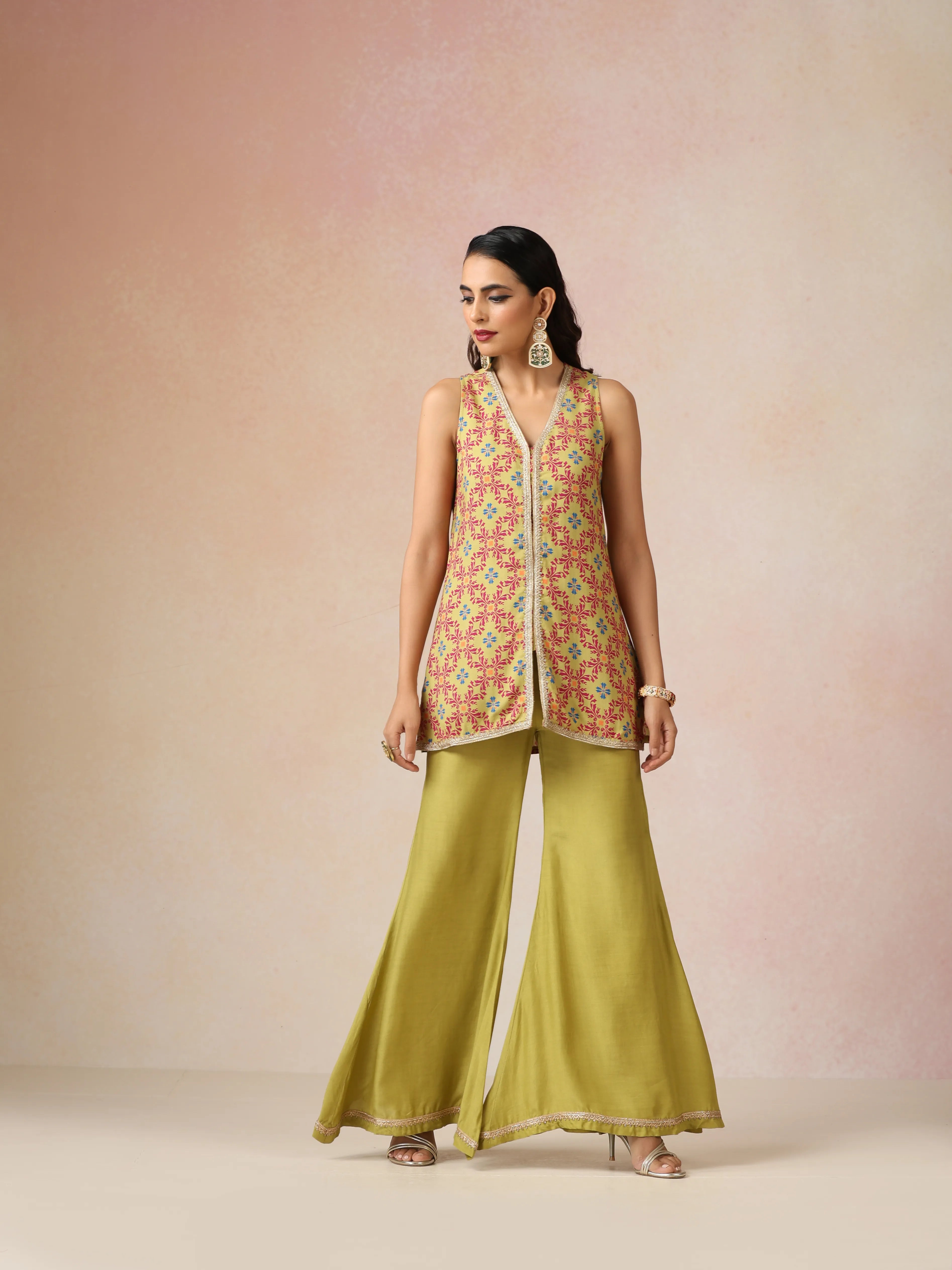 trueBrowns Light Green Pink Jaal Print Viscose Jacket and Flared Pants Co-ord Set