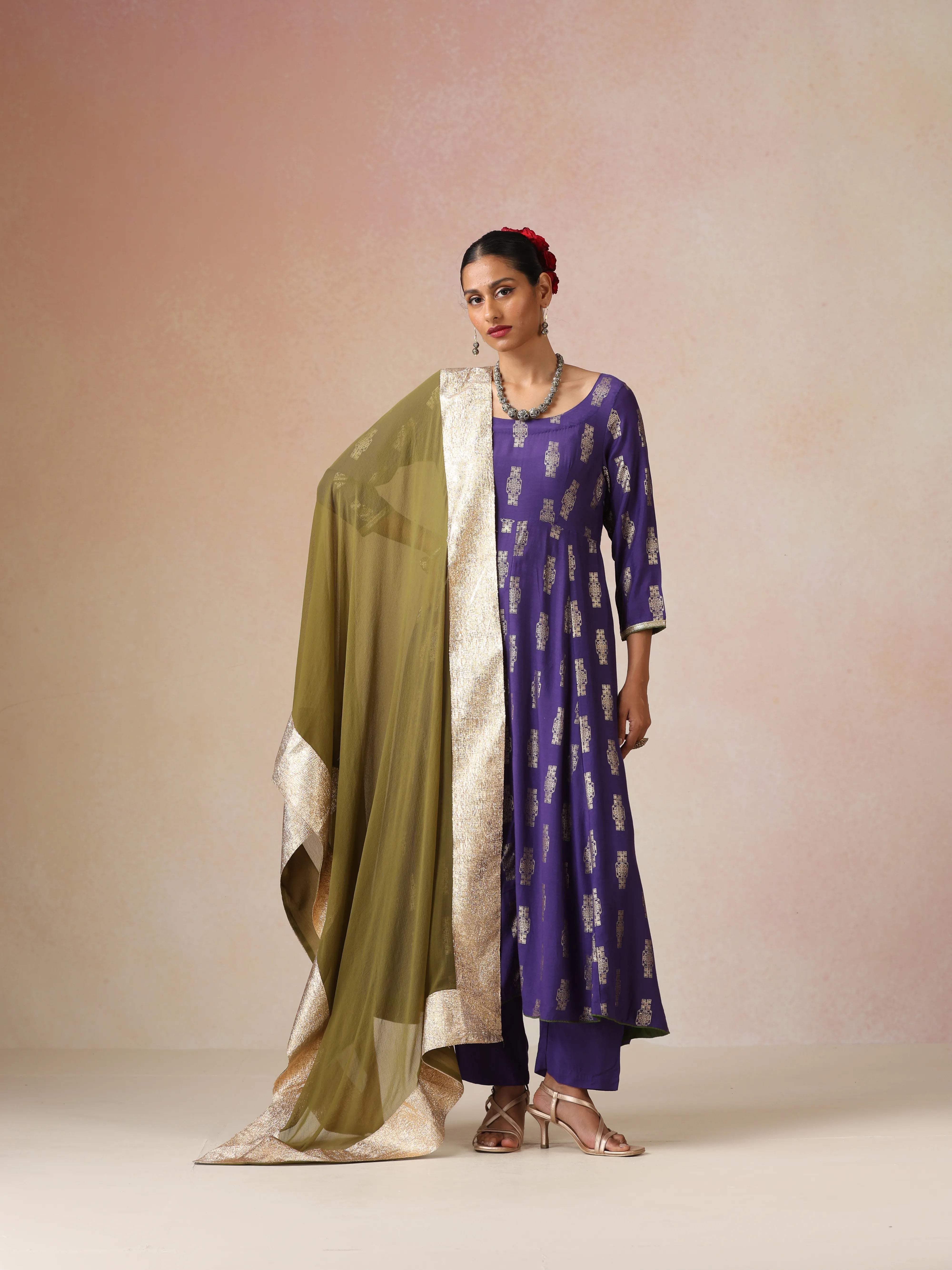 trueBrowns Purple Gold Foil Print Muslin Silk Anarkali Kurta Pants Dupatta Set