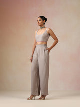 trueBrowns Grey and Pink Gold Foil Print Muslin Silk Jacket Set