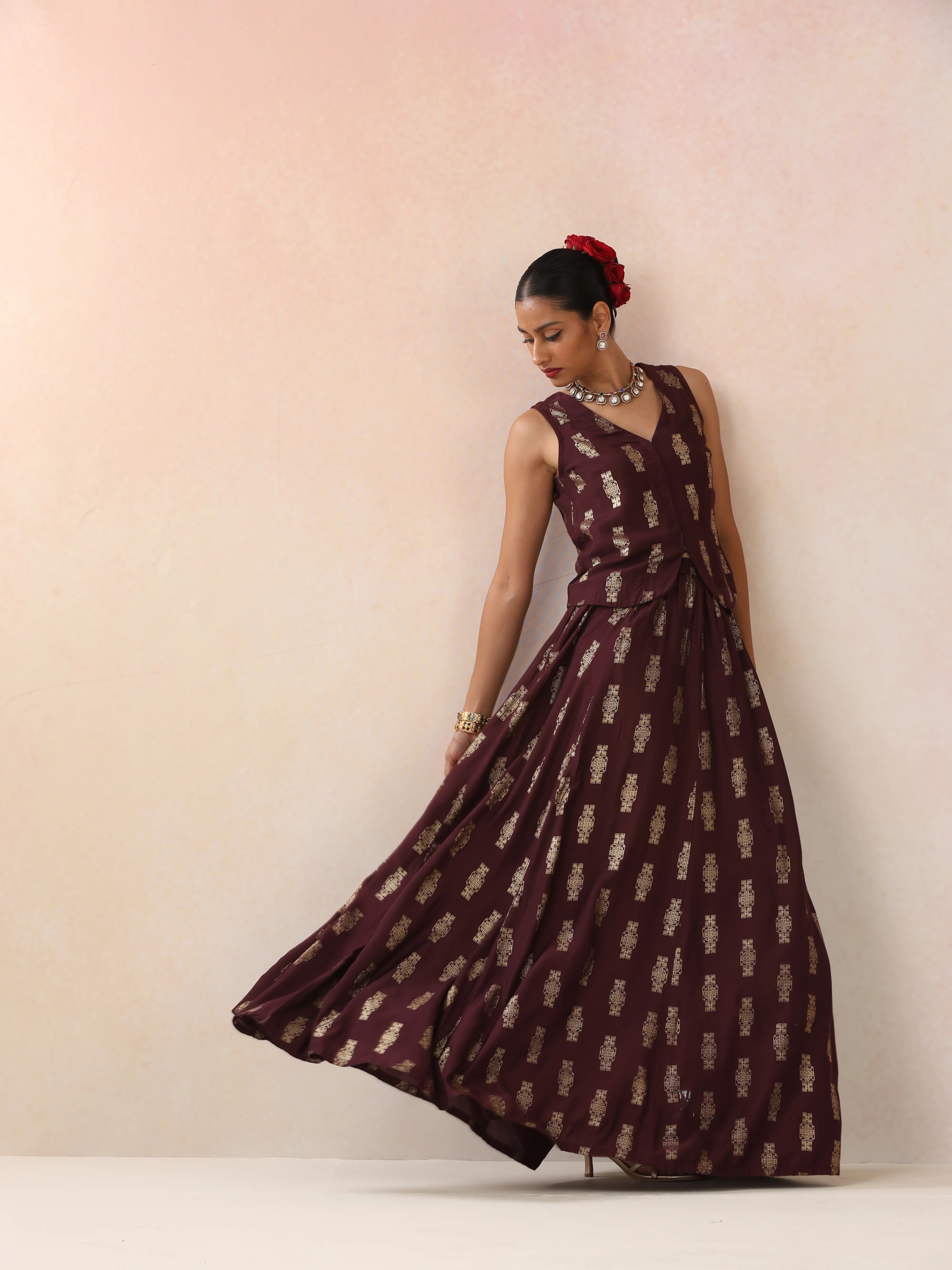 trueBrowns Cola Gold Foil Print Muslin Silk Jacket Skirt Co-ord Set