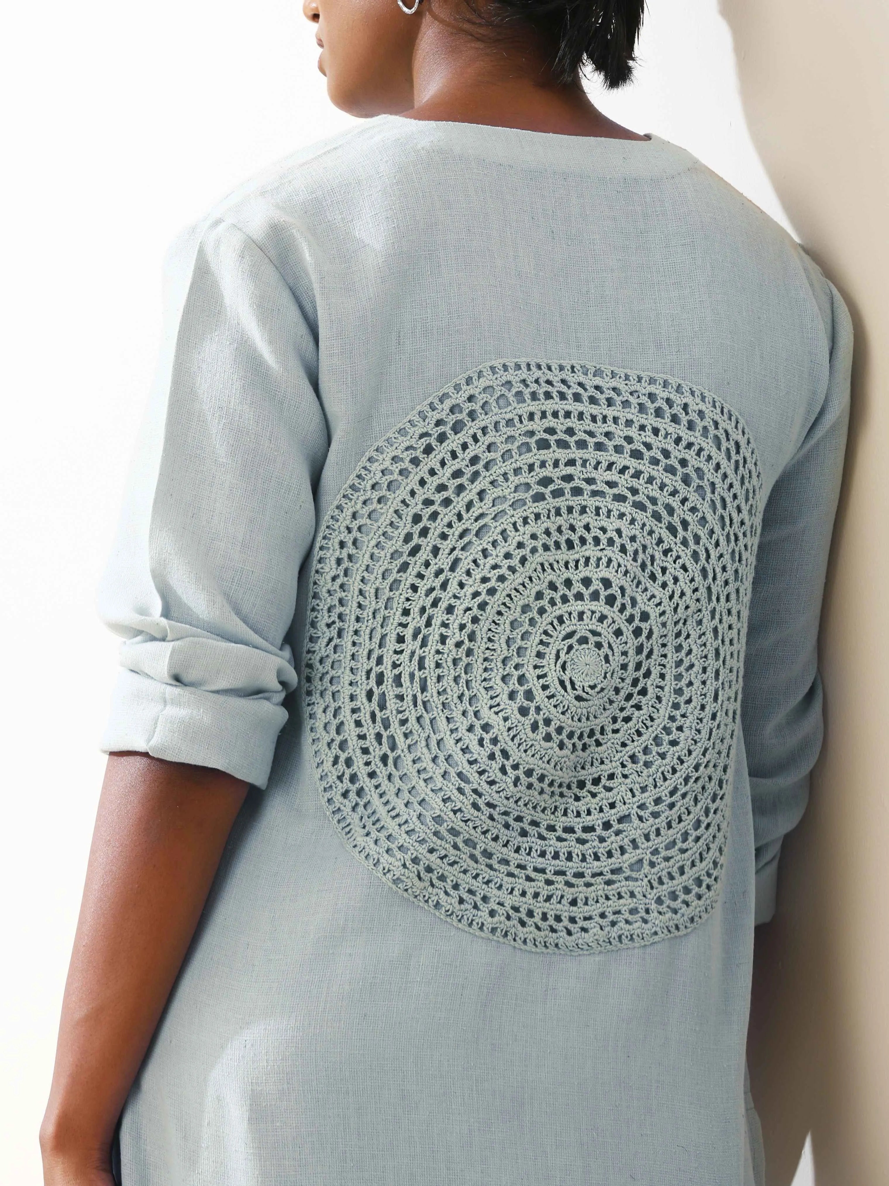 trueBrowns Ciel Blue Crochet Natural Cotton Kurta Co-ord Set