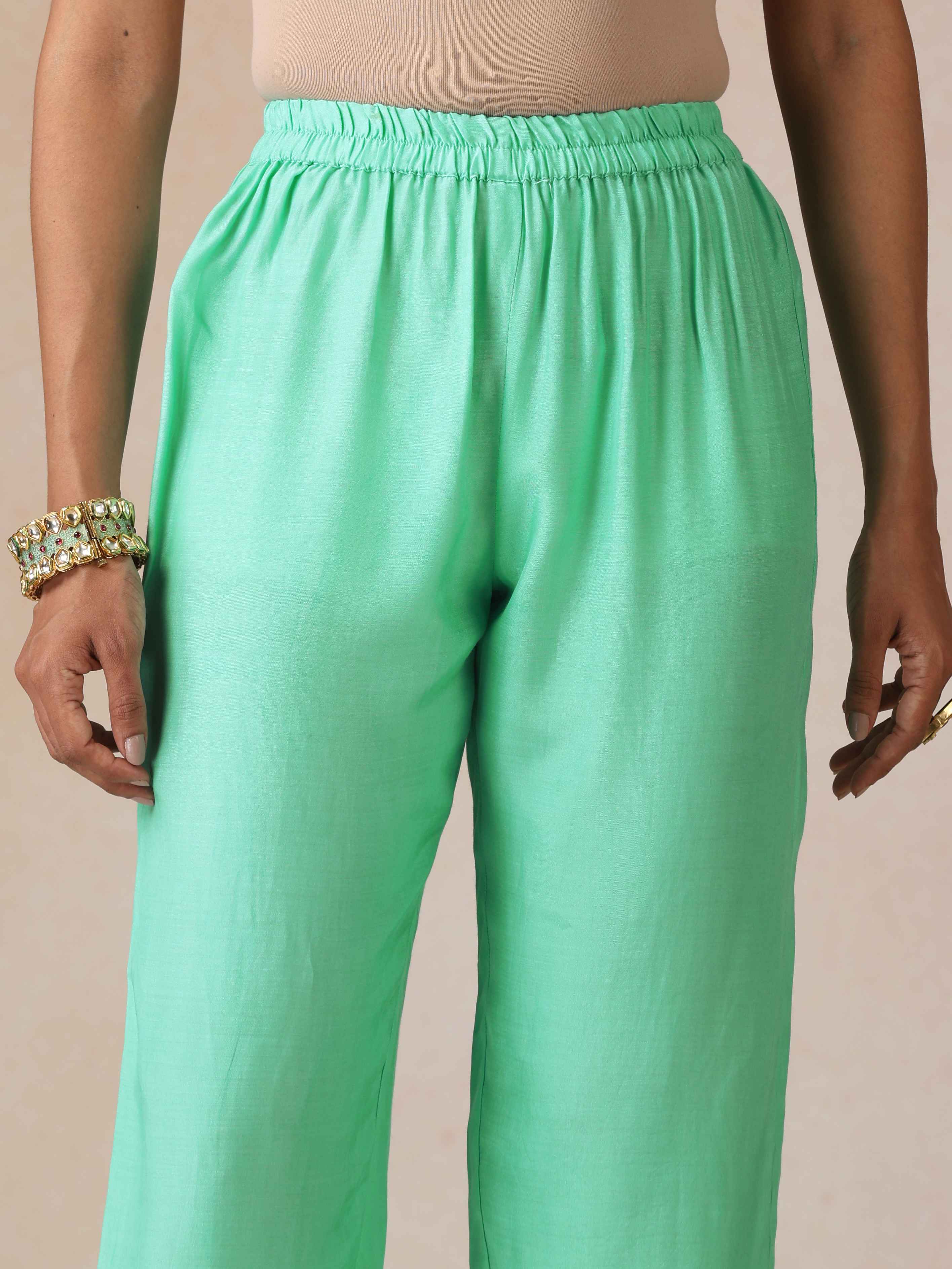 trueBrowns Mint Pink Jaal Print Viscose A-line Kurta Set