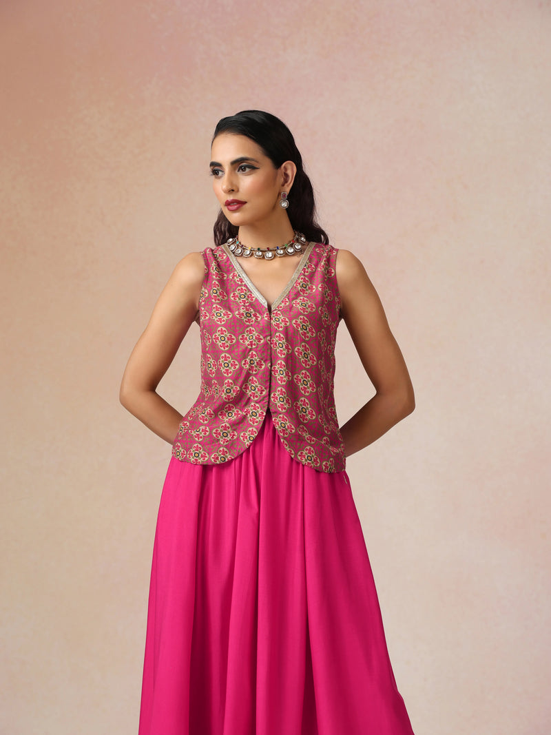 trueBrowns Pink Print Viscose Jacket Skirt Co-ord Set