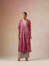 trueBrowns Grey and Pink Gold Foil Print Muslin Silk Jacket Set
