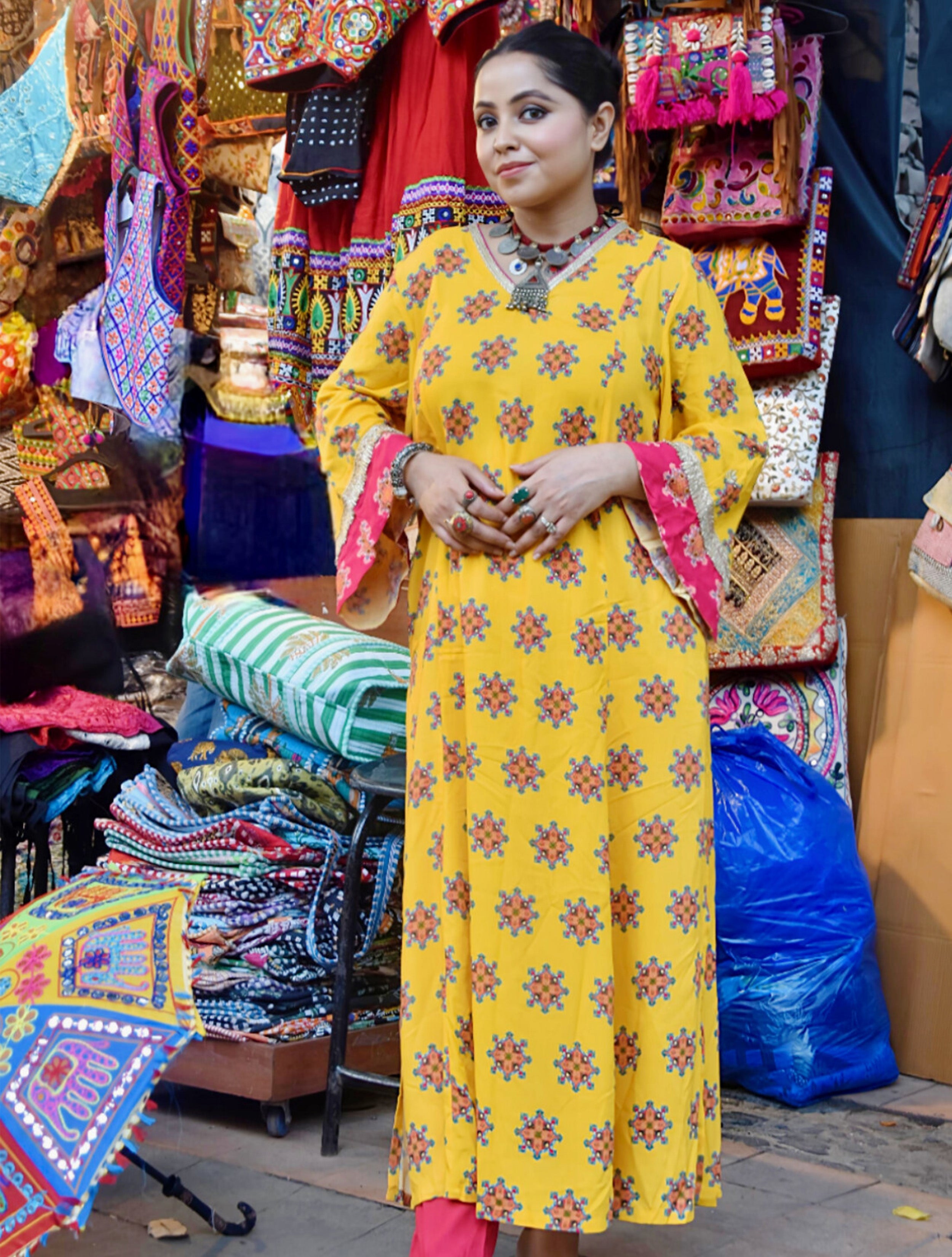 trueBrowns Yellow Boota Print Viscose A-line Kurta Set