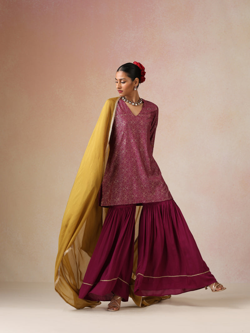 trueBrowns Magenta Gold Foil Print Muslin Silk Sharara Set