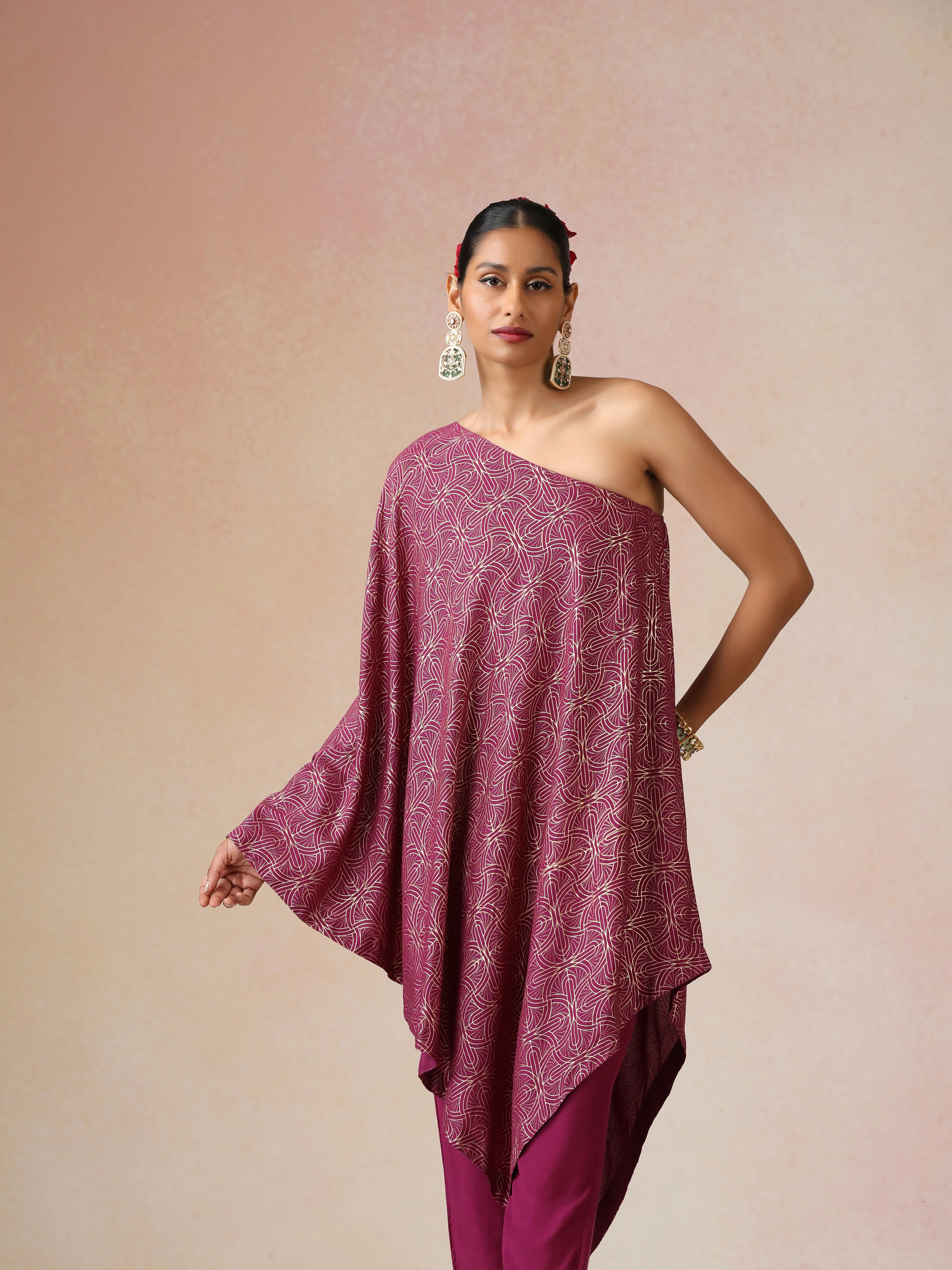 trueBrowns Magenta Gold Foil Print Muslin Silk Asymmetric One-Shoulder Kurta Co-ord Set