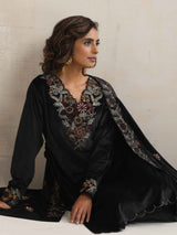 trueBrowns Black Velvet Floral Embroidered Kurta Pant Dupatta Set