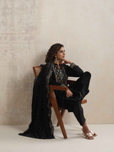 trueBrowns Black Velvet Geometric Embroidered Kurta Pant Dupatta Set