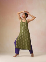 trueBrowns Olive Green Gold Foil Print Muslin Silk Sleeveless Straight Kurta Set