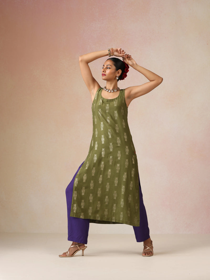 trueBrowns Olive Green Gold Foil Print Muslin Silk Sleeveless Straight Kurta Set